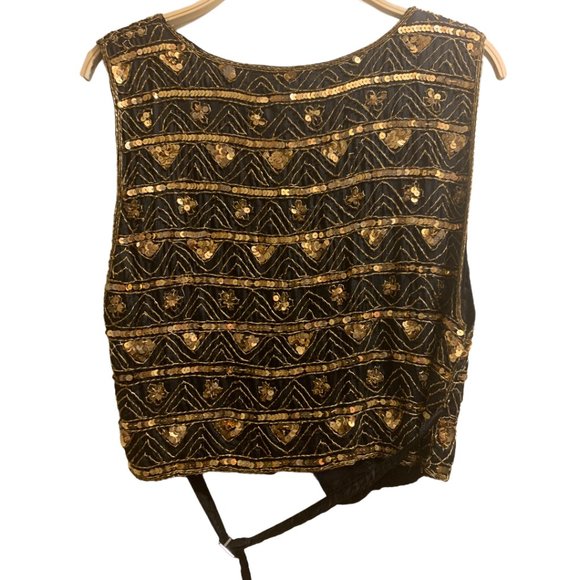 Vintage 100% Silk Black & Gold Sequin Vest | Handmade Embellished Boho Waistcoat - Picture 5 of 6
